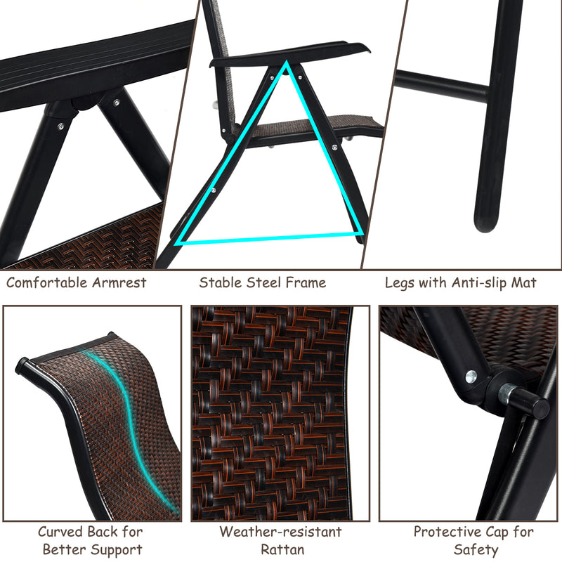 2 PCs Portable Rattan Folding Chairs with 5 Adjustable Positions