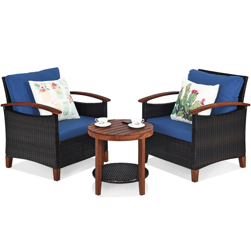 3 Pieces Solid Wood Frame Patio Rattan Furniture Set