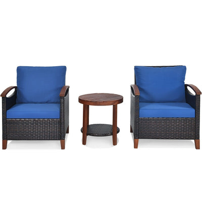 3 Pieces Solid Wood Frame Patio Rattan Furniture Set