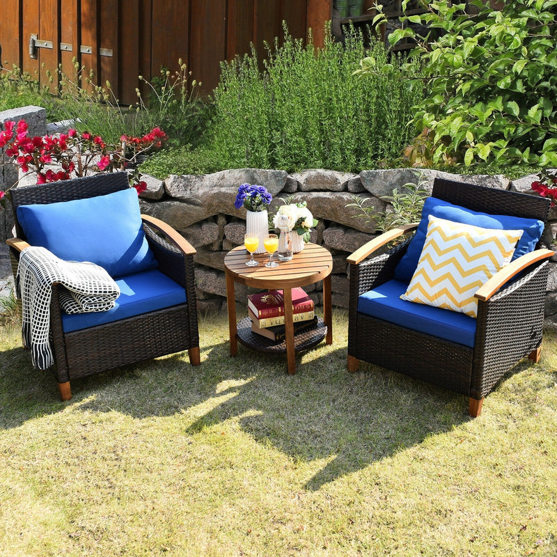 3 Pieces Solid Wood Frame Patio Rattan Furniture Set