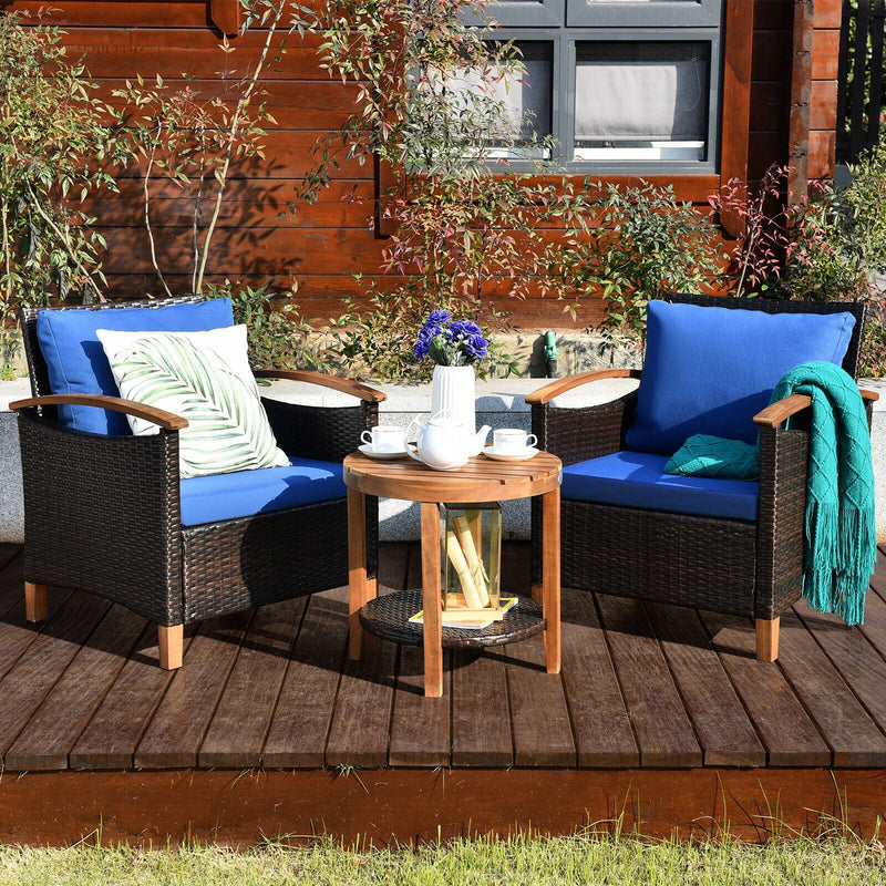 3 Pieces Solid Wood Frame Patio Rattan Furniture Set