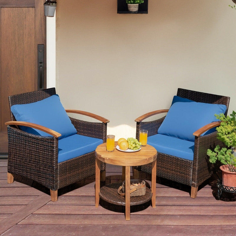 3 Pieces Solid Wood Frame Patio Rattan Furniture Set