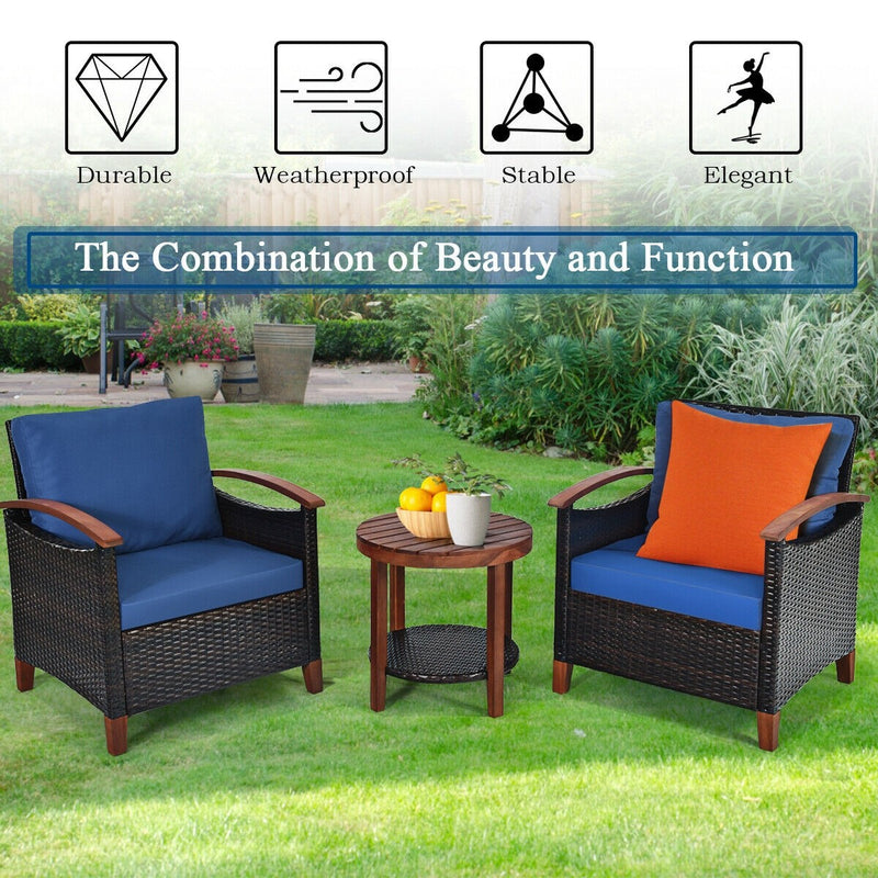 3 Pieces Solid Wood Frame Patio Rattan Furniture Set