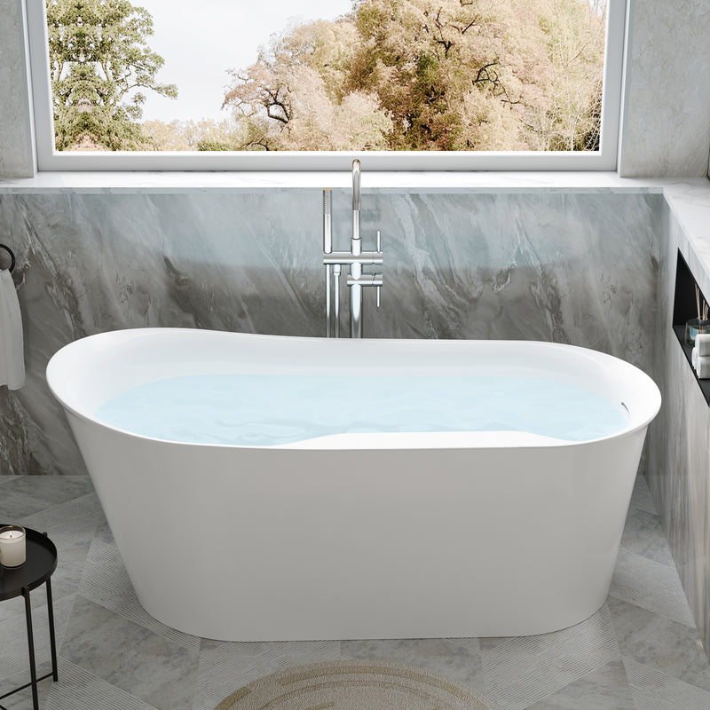 66 Freestanding Glossy White Acrylic Bathtub with Overflow and Drainage