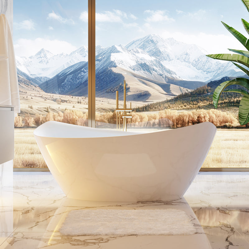 70 Freestanding Glossy White Acrylic Bathtub with Overflow and Drainage
