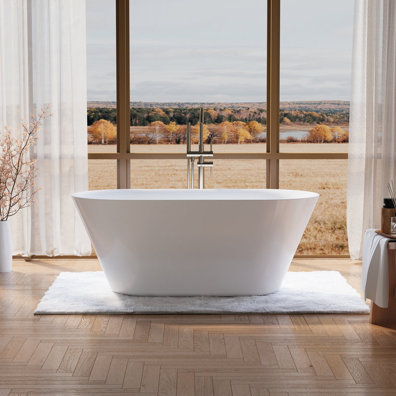 60" Glossy White Acrylic Freestanding Bathtub with Integrated Slotted Overflow and Pop-up Drainer