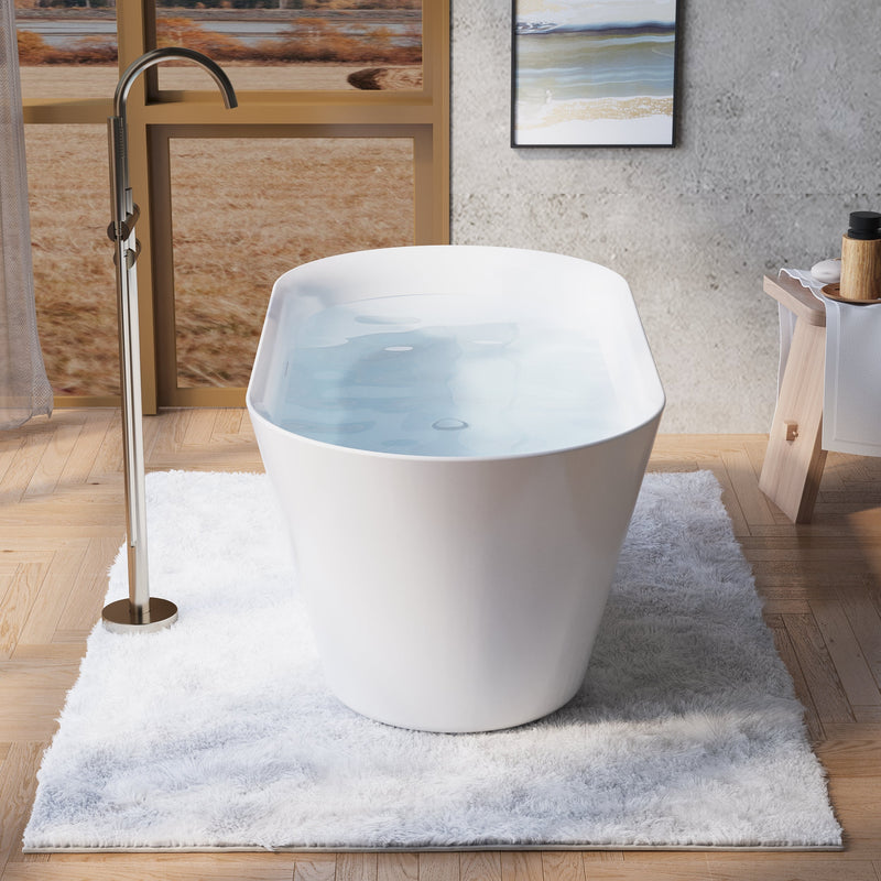 60" Glossy White Acrylic Freestanding Bathtub with Integrated Slotted Overflow and Pop-up Drainer