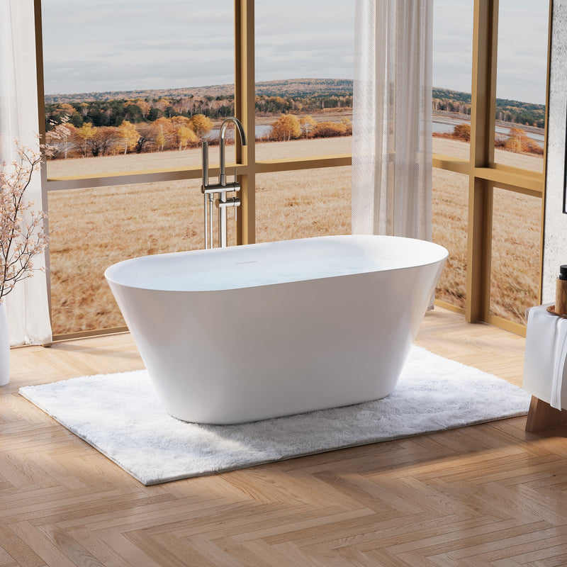 60" Glossy White Acrylic Freestanding Bathtub with Integrated Slotted Overflow and Pop-up Drainer