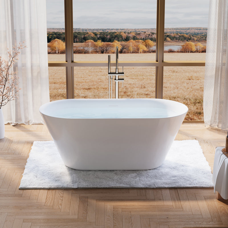 60" Glossy White Acrylic Freestanding Bathtub with Integrated Slotted Overflow and Pop-up Drainer