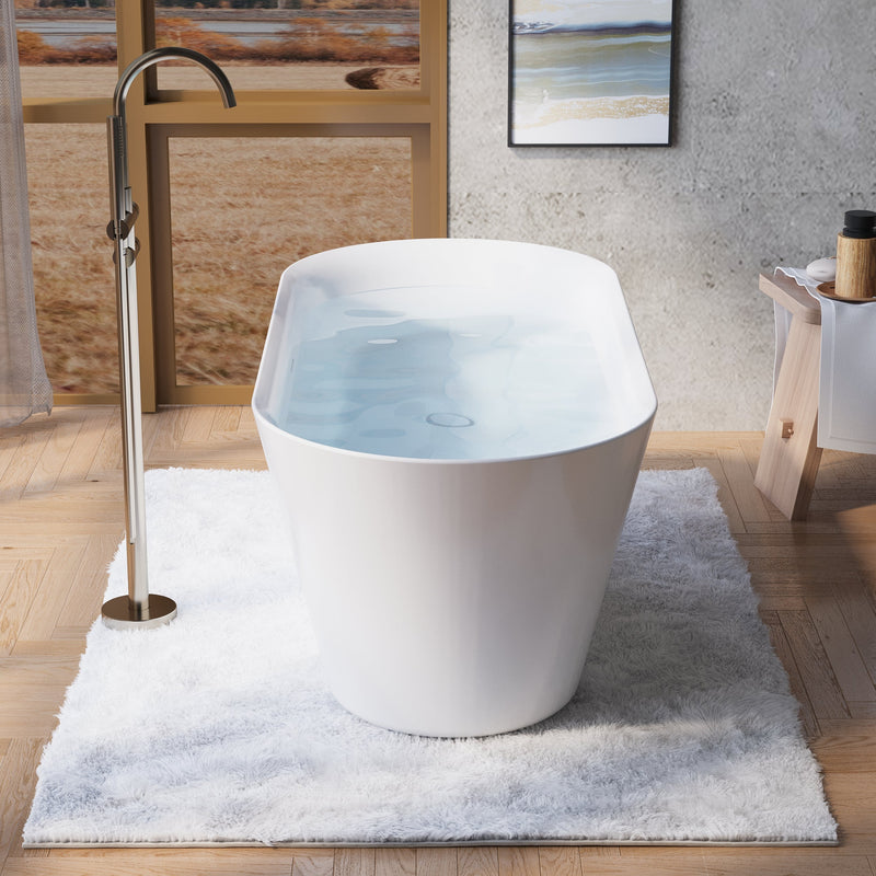 63" Glossy White Acrylic Freestanding Bathtub with Integrated Slotted Overflow and Pop-up Drainer