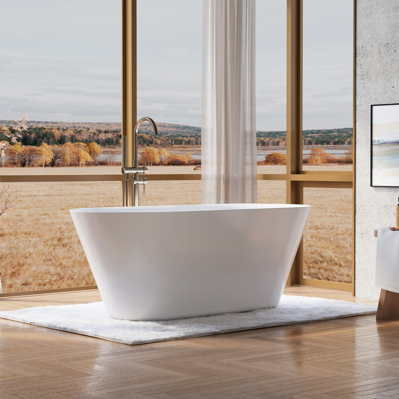 63" Glossy White Acrylic Freestanding Bathtub with Integrated Slotted Overflow and Pop-up Drainer