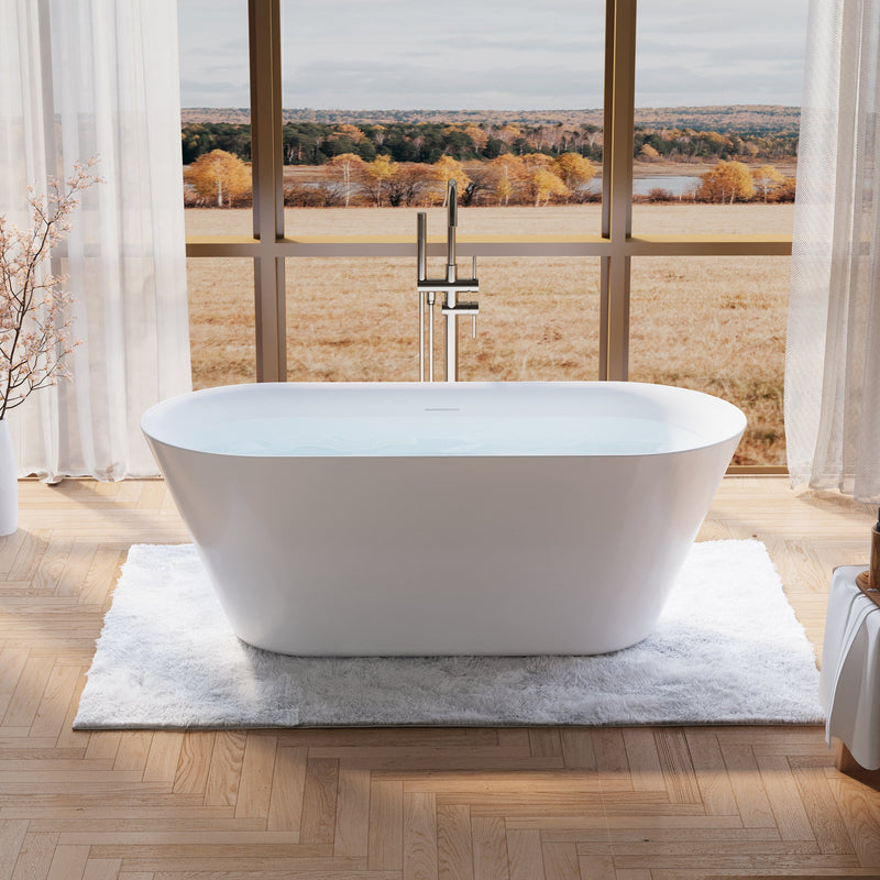 63" Glossy White Acrylic Freestanding Bathtub with Integrated Slotted Overflow and Pop-up Drainer