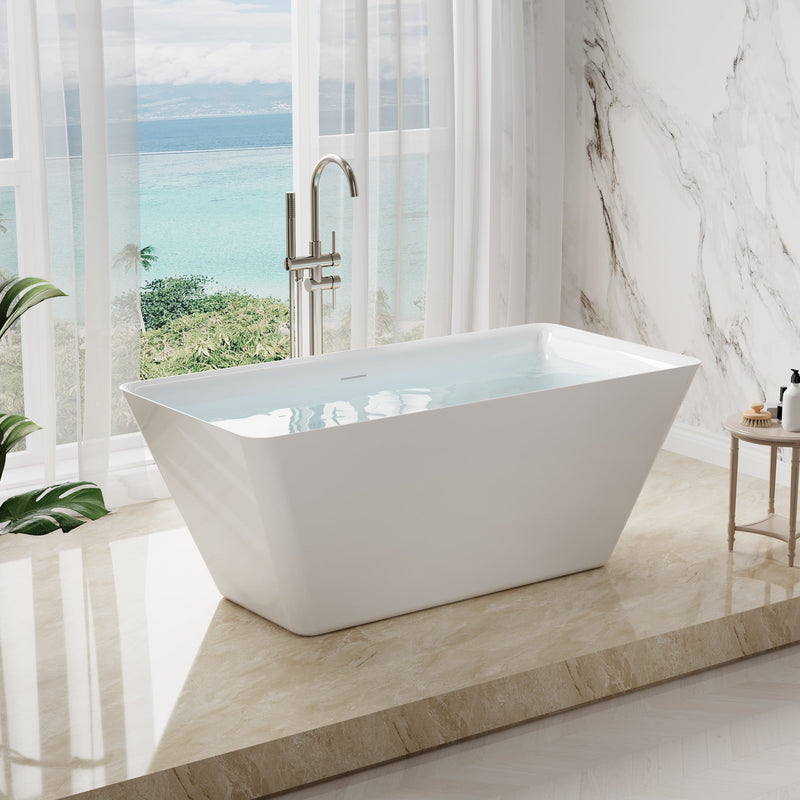 60" Freestanding Rectangle Acrylic Bathtub in Glossy White with Groove Overflow and Pop-up Drainer