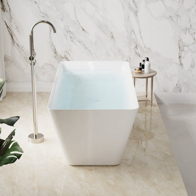 60" Freestanding Rectangle Acrylic Bathtub in Glossy White with Groove Overflow and Pop-up Drainer