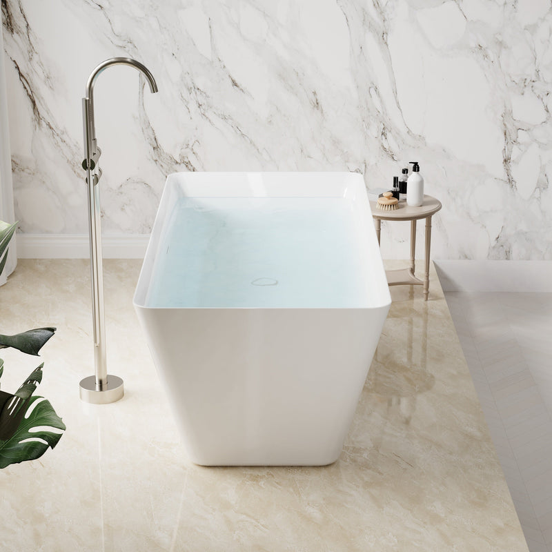 60" Freestanding Rectangle Acrylic Bathtub in Glossy White with Groove Overflow and Pop-up Drainer