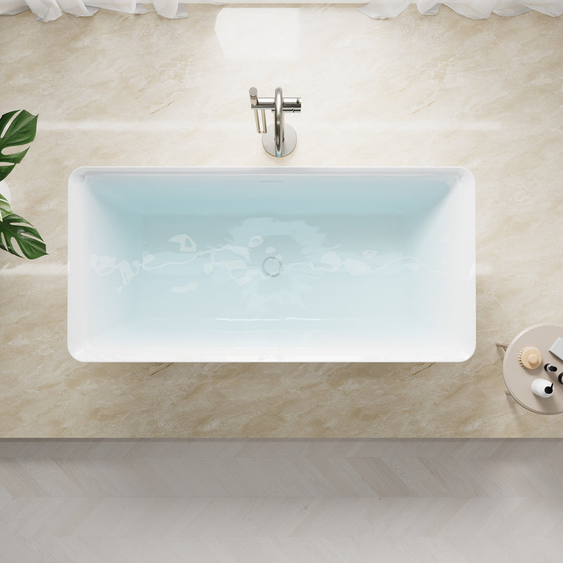 60" Freestanding Rectangle Acrylic Bathtub in Glossy White with Groove Overflow and Pop-up Drainer