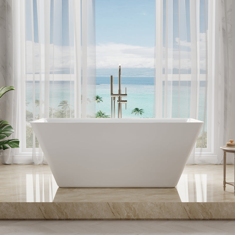 60" Freestanding Rectangle Acrylic Bathtub in Glossy White with Groove Overflow and Pop-up Drainer