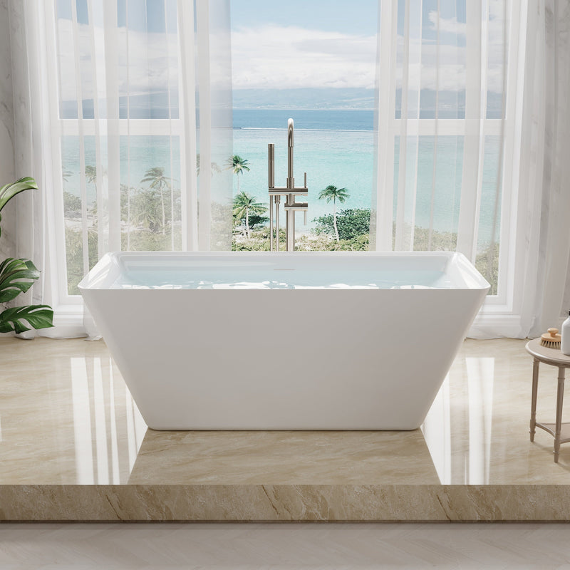 60" Freestanding Rectangle Acrylic Bathtub in Glossy White with Groove Overflow and Pop-up Drainer