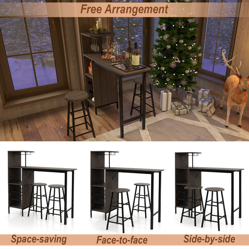 3 Piece Bar Table and Chairs Set with 6-Bottle Wine Rack