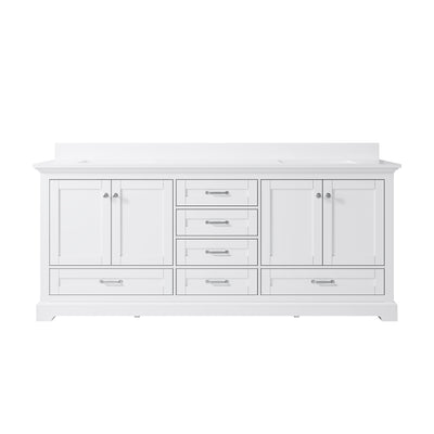 80" White Double Sink Bathroom Vanity with Solid Wood Frame, Soft Close 6 Drawers, White Cultured Marble Countertop