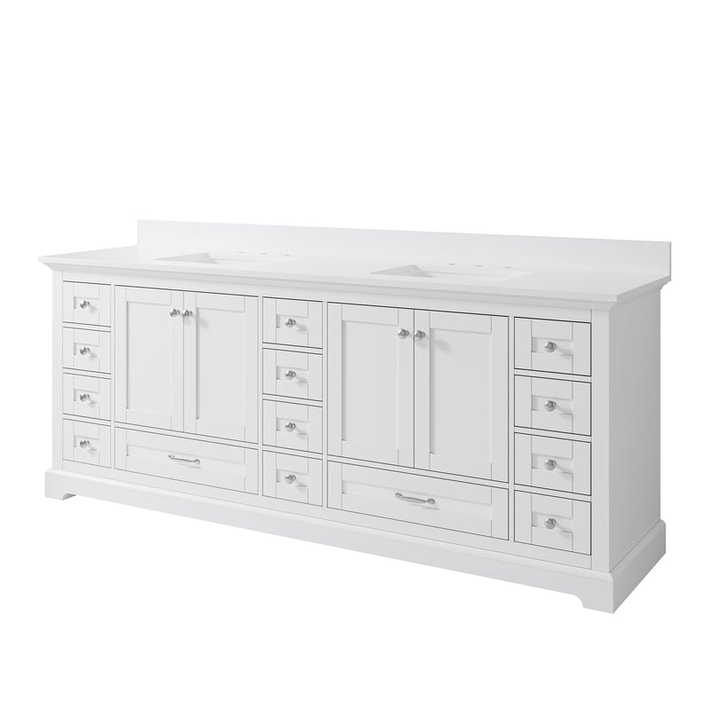 84" White Double Sink Bathroom Vanity with Solid Wood Frame, Soft Close 14 Drawers & White Cultured Marble Countertop