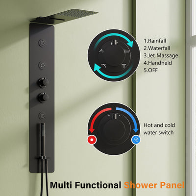 Luxury Thermostatic 4-Function Stainless Steel Shower System with Ultra-Thin Dual-Function Rainfall Head, Handheld, Body Jets