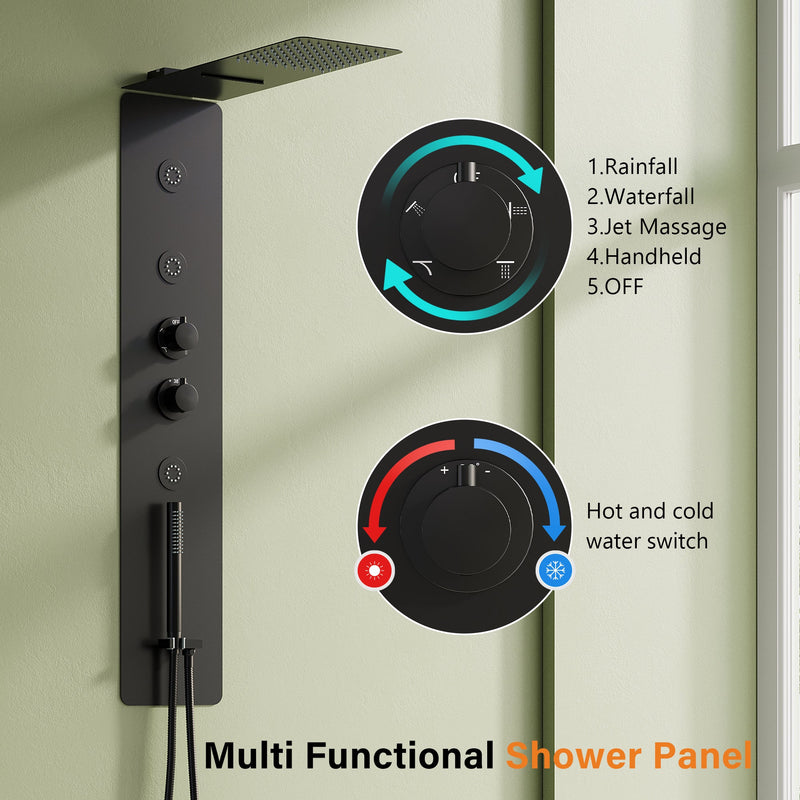 Luxury Thermostatic 4-Function Stainless Steel Shower System with Ultra-Thin Dual-Function Rainfall Head, Handheld, Body Jets