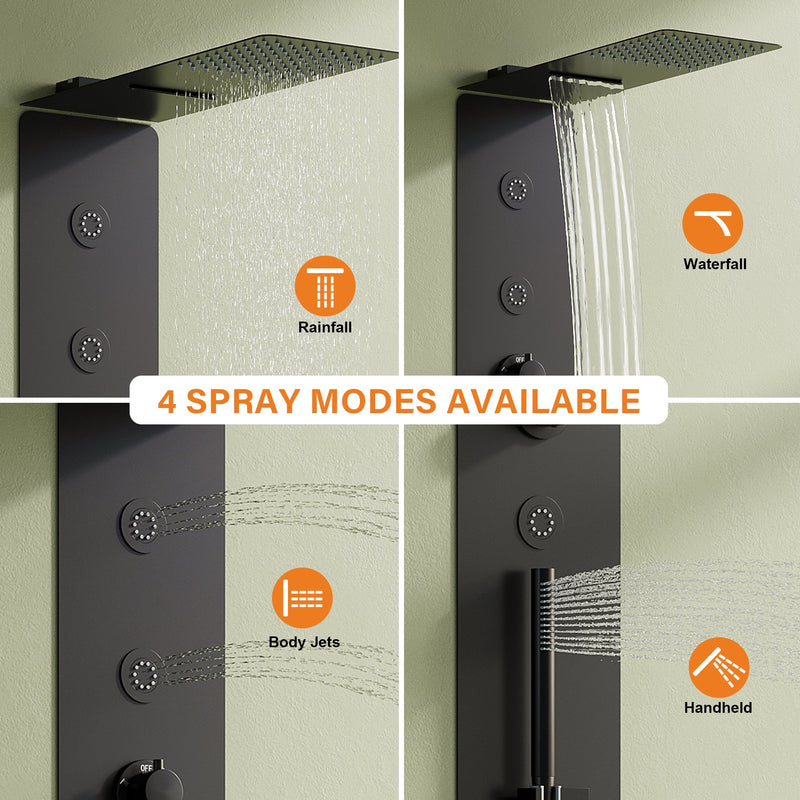 Luxury Thermostatic 4-Function Stainless Steel Shower System with Ultra-Thin Dual-Function Rainfall Head, Handheld, Body Jets