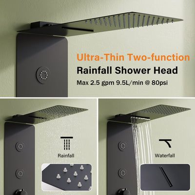 Luxury Thermostatic 4-Function Stainless Steel Shower System with Ultra-Thin Dual-Function Rainfall Head, Handheld, Body Jets