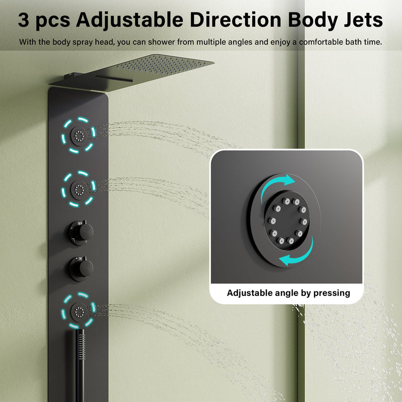 Luxury Thermostatic 4-Function Stainless Steel Shower System with Ultra-Thin Dual-Function Rainfall Head, Handheld, Body Jets