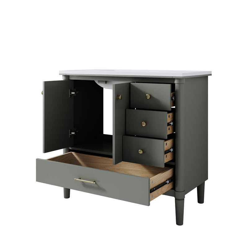 36 inch Bathroom Vanity with Single Sink, Solid Wood Freestanding Bathroom Cabinet with Soft-Closing Doors & 4 Drawers, Green