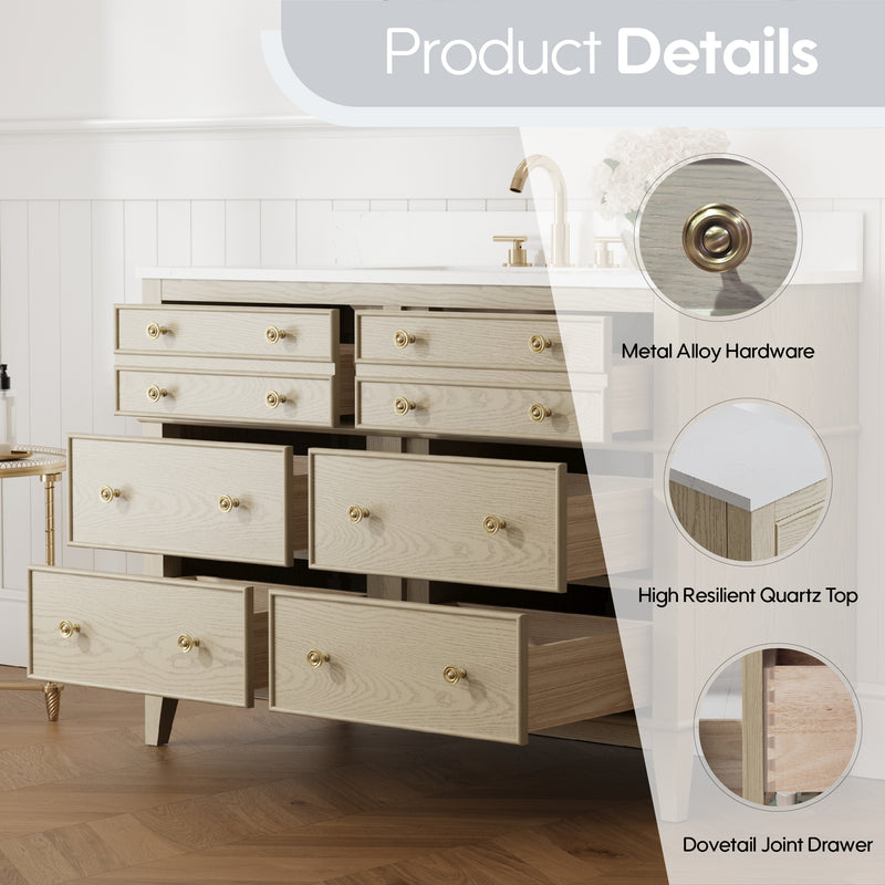 48 in. OAK Single Sink Freestanding Solid Wood Bathroom Vanity Storage Organizer with Carrara White Quartz Countertop