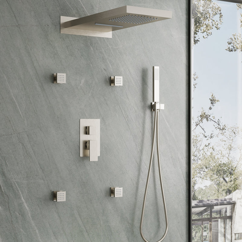 Wall-Mounted 3-Function Shower Set with Dual-Mode Overhead, Brass Body Jets & Hand Shower