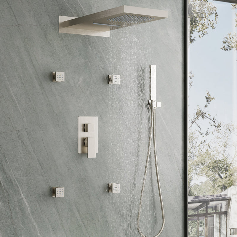 Wall-Mounted 3-Function Shower Set with Dual-Mode Overhead, Brass Body Jets & Hand Shower