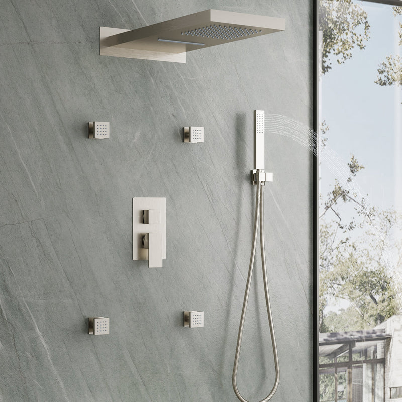 Wall-Mounted 3-Function Shower Set with Dual-Mode Overhead, Brass Body Jets & Hand Shower