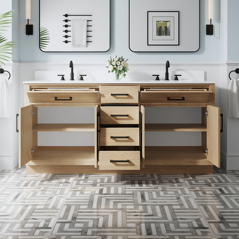 72 Inch Solid Wood Bathroom Vanity with White Cultured Marble Top, 4 S ...