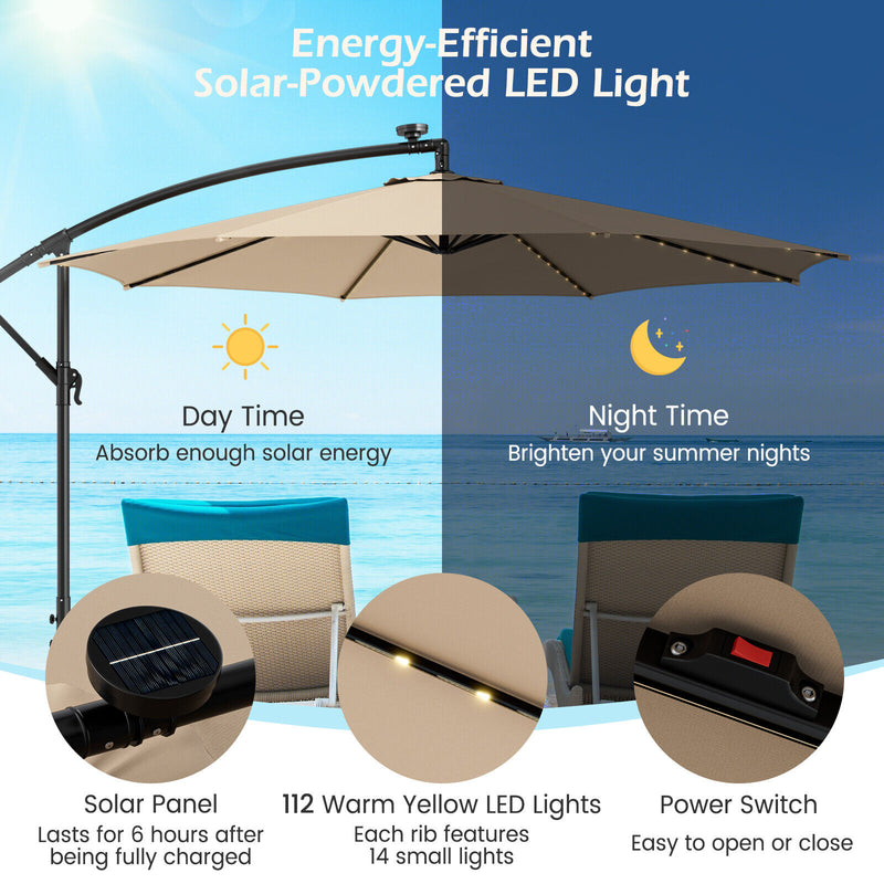 10 Feet Patio Offset Umbrella with 112 Solar-Powered LED Lights