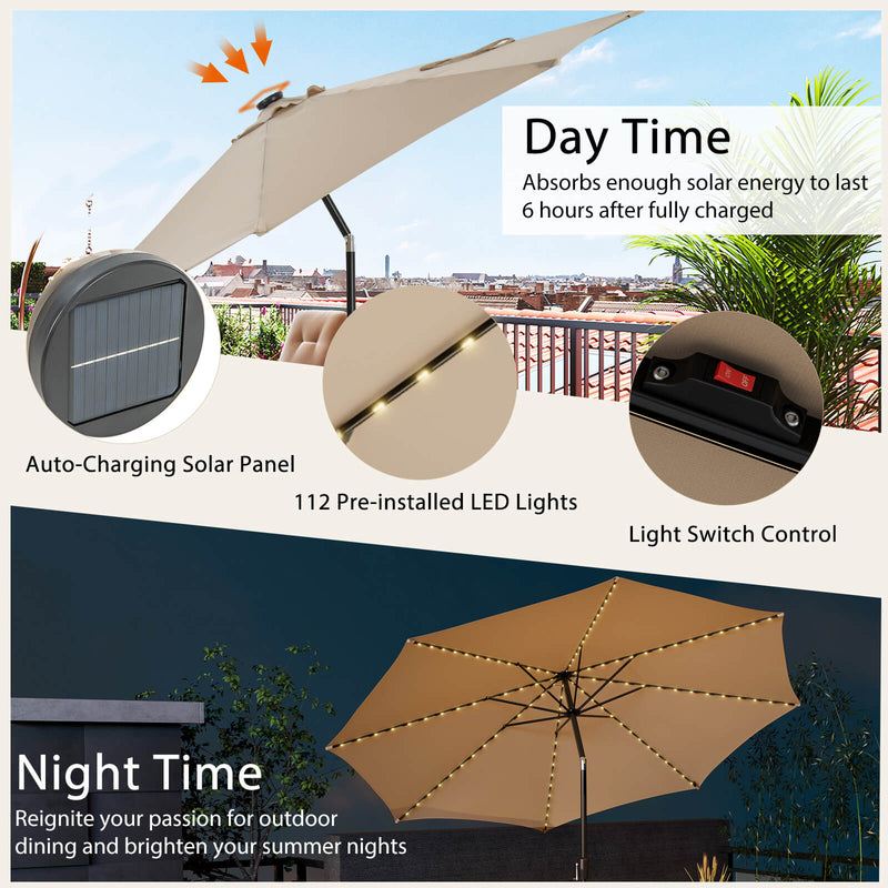 10 Feet Patio Umbrella with 112 Solar Lights and Crank Handle