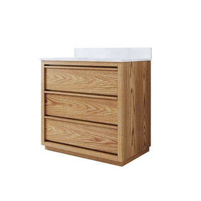 36 Inch Oak Soild Wood Bathroom Vanity with Single Undermount Sink, 3 Dovetail-constructed Drawers