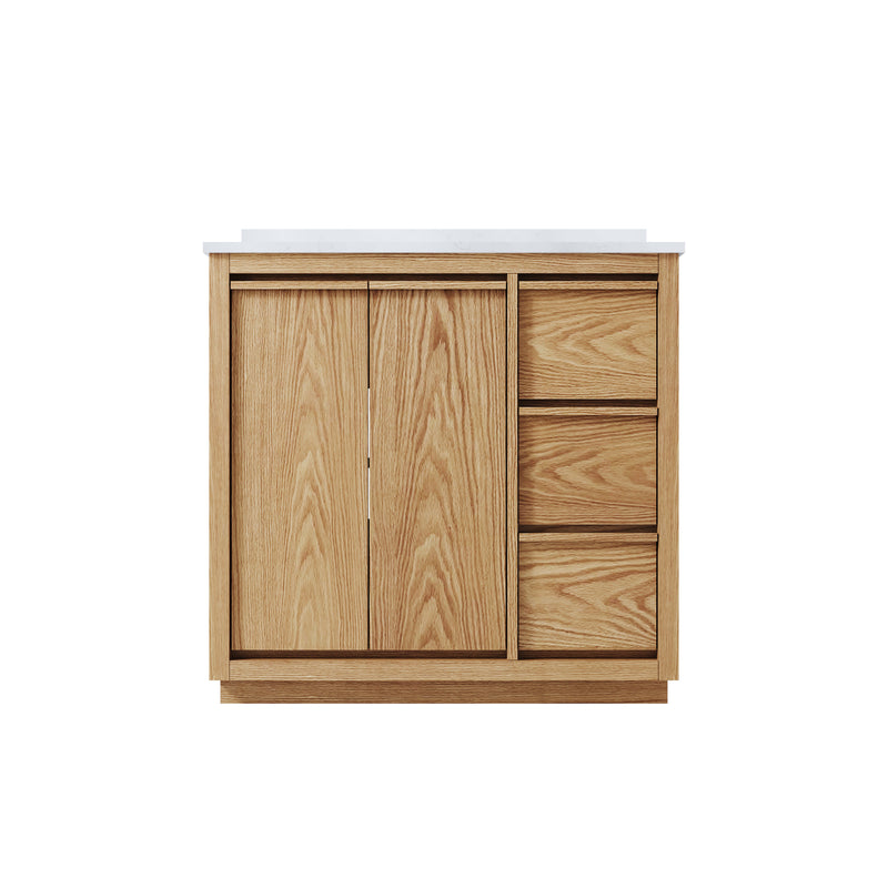 36 Inch Oak Soild Wood Bathroom Vanity with Sink, 3 Dovetail-constructed Drawers and 2 Soft-close Doors