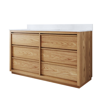 60 Inch Oak Soild Wood Bathroom Vanity with Double Undermount Sinks, 6 Dovetail-constructed Drawers