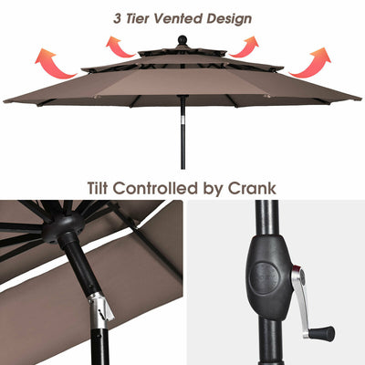 10ft 3 Tier Patio Umbrella Aluminum Sunshade Shelter Double Vented without Base