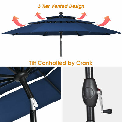 10ft 3 Tier Patio Umbrella Aluminum Sunshade Shelter Double Vented without Base