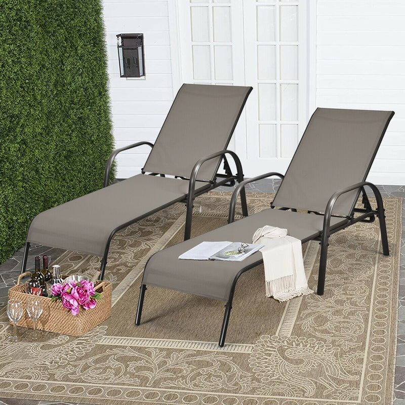 2 Pieces Outdoor Patio Lounge Chair Chaise Fabric with Adjustable Reclining Armrest