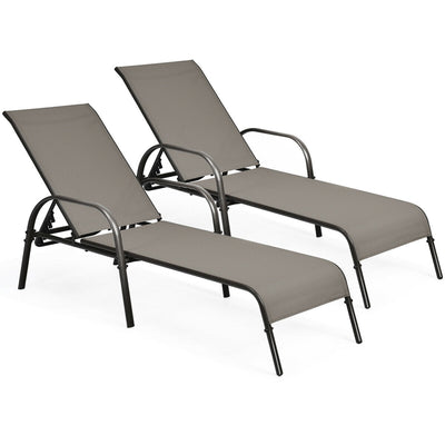 2 Pieces Outdoor Patio Lounge Chair Chaise Fabric with Adjustable Reclining Armrest