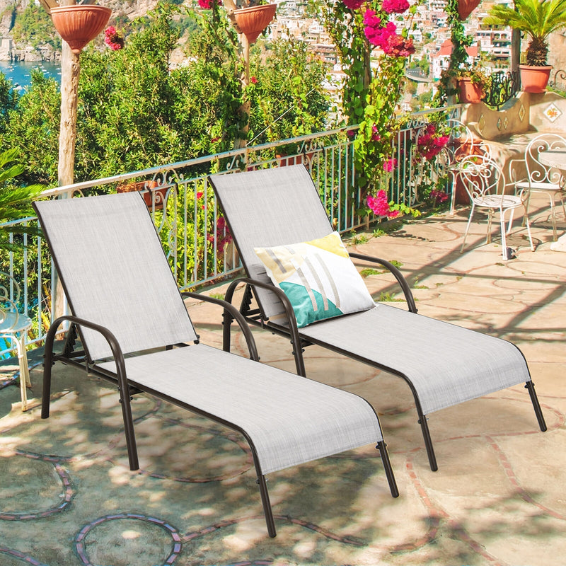 2 Pieces Outdoor Patio Lounge Chair Chaise Fabric with Adjustable Reclining Armrest