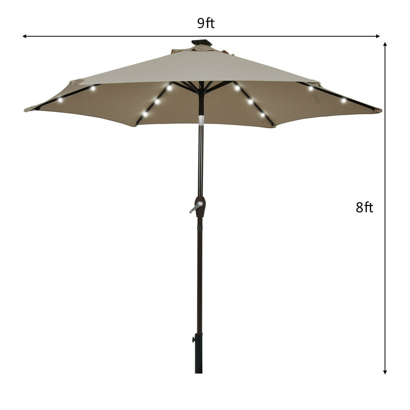 9 Feet Solar LED Lighted Patio Market Umbrella Tilt Adjustment Crank Lift