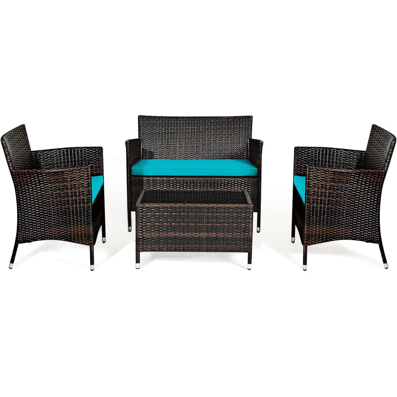 4 Pieces Comfortable Outdoor Rattan Sofa Set with Glass Coffee Table