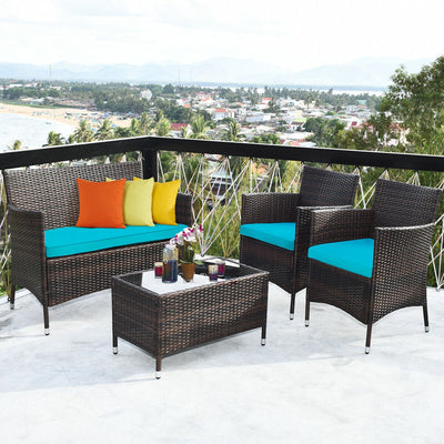 4 Pieces Comfortable Outdoor Rattan Sofa Set with Glass Coffee Table