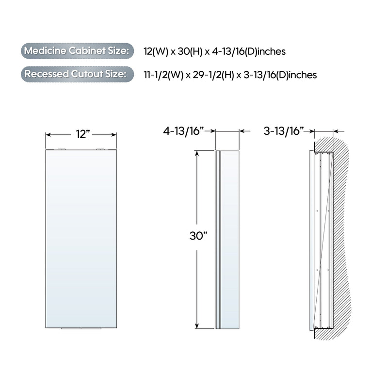 12 in. x 30 in. Copper-Free Tri-Views Mirror Medicine Cabinet with Adjustable Shelves and Right Swing Door
